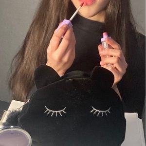 Kawaii Black Velvet Velour Cat Make Up Storage Bag Zip Pom Pom Embroidered